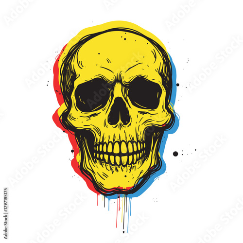 Vector yellow skull with red and blue color offset on white background. Pop art style illustration.