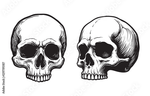 Front and side view human skull illustration set. Vector black and white anatomical drawing.