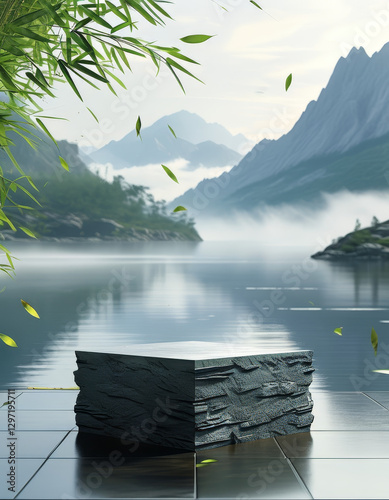 Dragonboat festival product display background podium, Mountain and Water Harmony, stone textured surface, serene lake with distant misty mountains, Bamboo leaves, peaceful and poetic, ad, podium