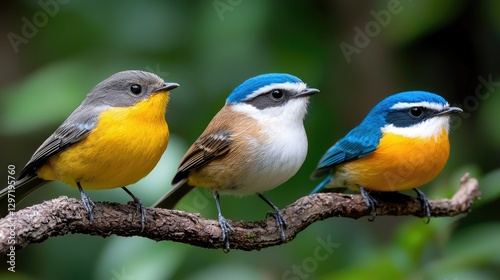 Colorful birds perched on branch in forest photo