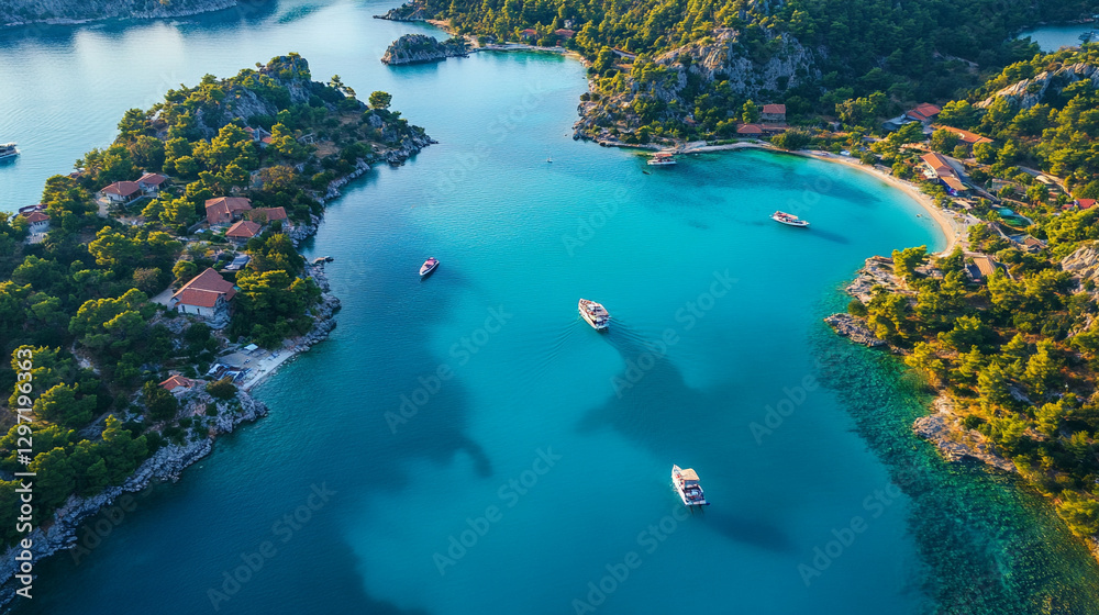 Aerial view of a tropical island with boat in Thailand.