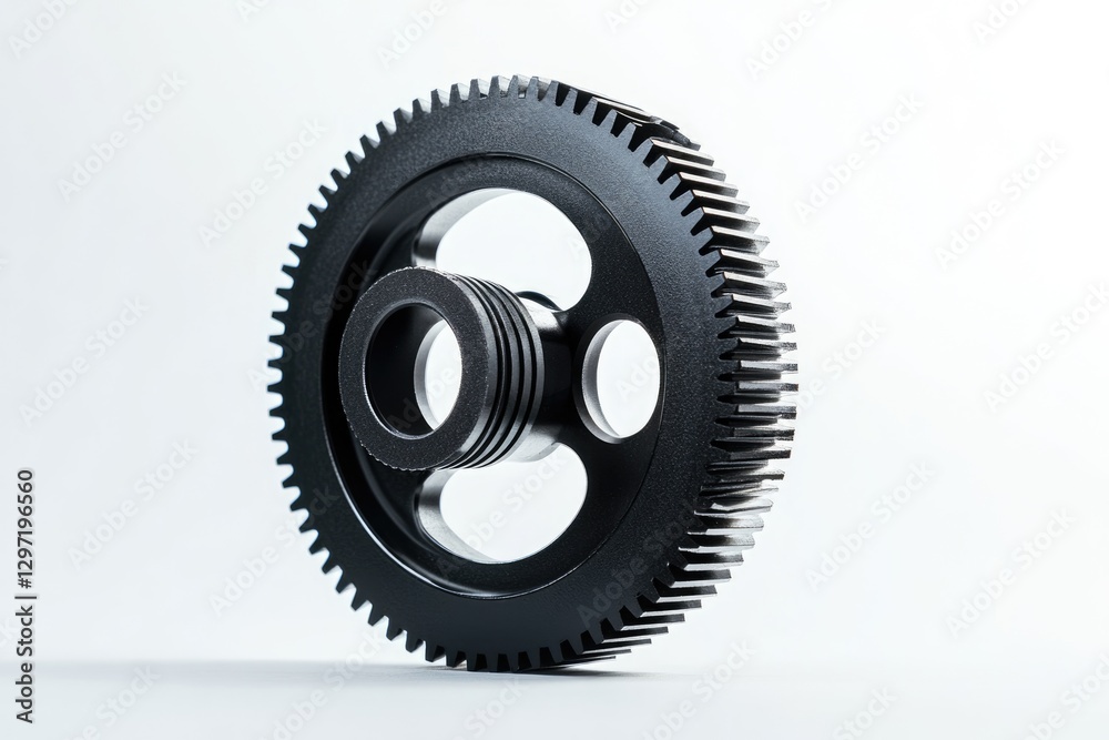A detailed close-up of a single black metal gear with intricate teeth and a central hub. A detailed close-up of a single black metal gear with intricate teeth and a central hub.