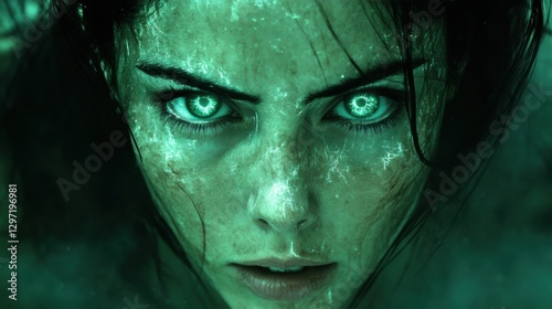 Intense close-up of a mysterious woman with glowing green eyes, cracked skin, and an eerie supernatural aura, evoking a dark fantasy or sci-fi atmosphere