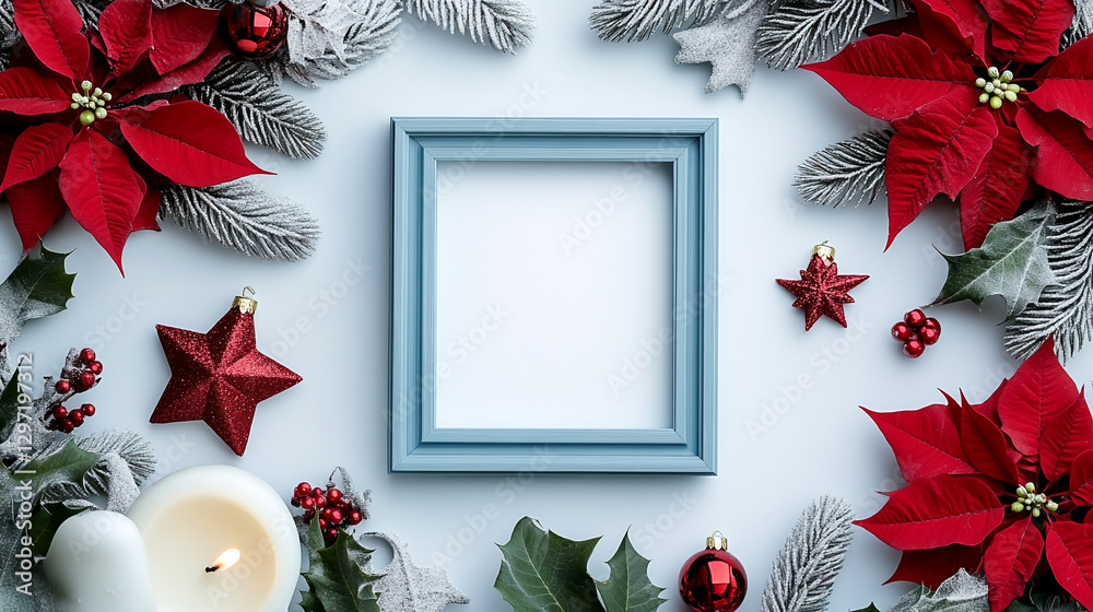Blue frame with white candle and red accents creating a serene and elegant decorative composition.