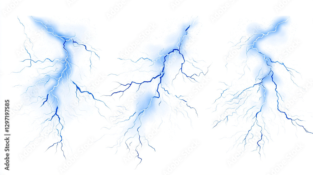 Blue lightning thunder set on a white background showcasing electric energy powerful strikes and dynamic storm effects.