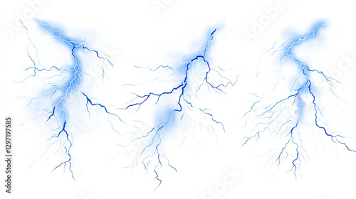 Obraz na płótnie Blue lightning thunder set on a white background showcasing electric energy powerful strikes and dynamic storm effects. w salonie