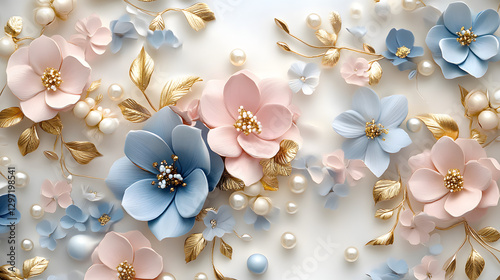 3D floral pattern with pink and blue flowers, pearls, and gold leaves. 
