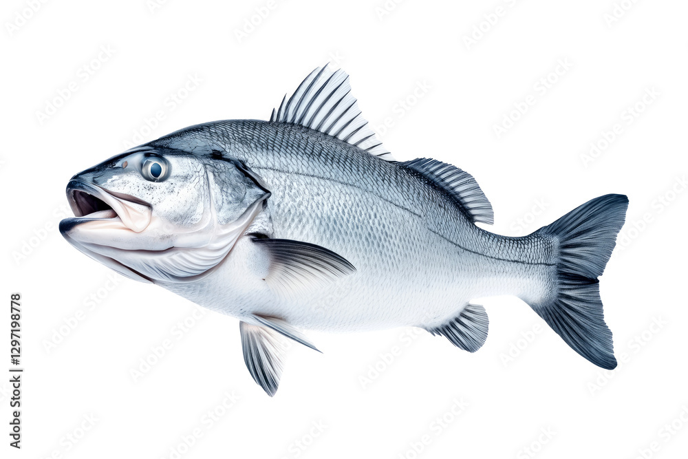 Fototapeta premium Silver sea bass fish isolated on white transparent background, showcasing its shiny scales and natural texture.