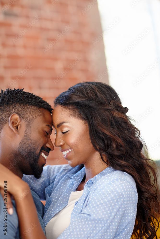 Obraz premium Black couple, hug and home for affection in relationship, date and together for romantic partnership. Embrace, happy people and trust commitment on weekend, connect and support girlfriend with care