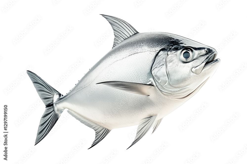 Obraz premium Closeup of a silver tuna fish with smooth scales, sharp fins and a sleek body isolated on white transparent background.