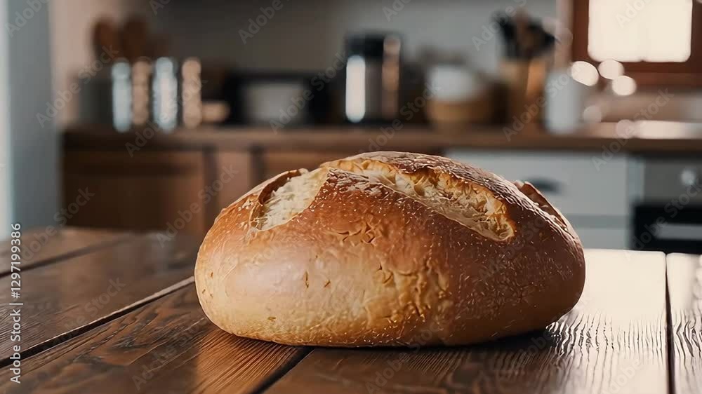  A golden-crusted round loaf of bread sits on a rustic wooden table in a cozy kitchen, evoking feelings of home and traditional baking.