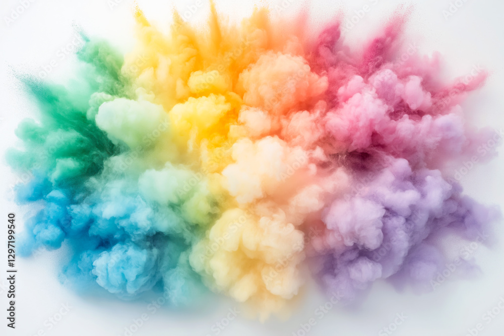 Fototapeta premium Rainbow colored smoke cloud exploding on white background