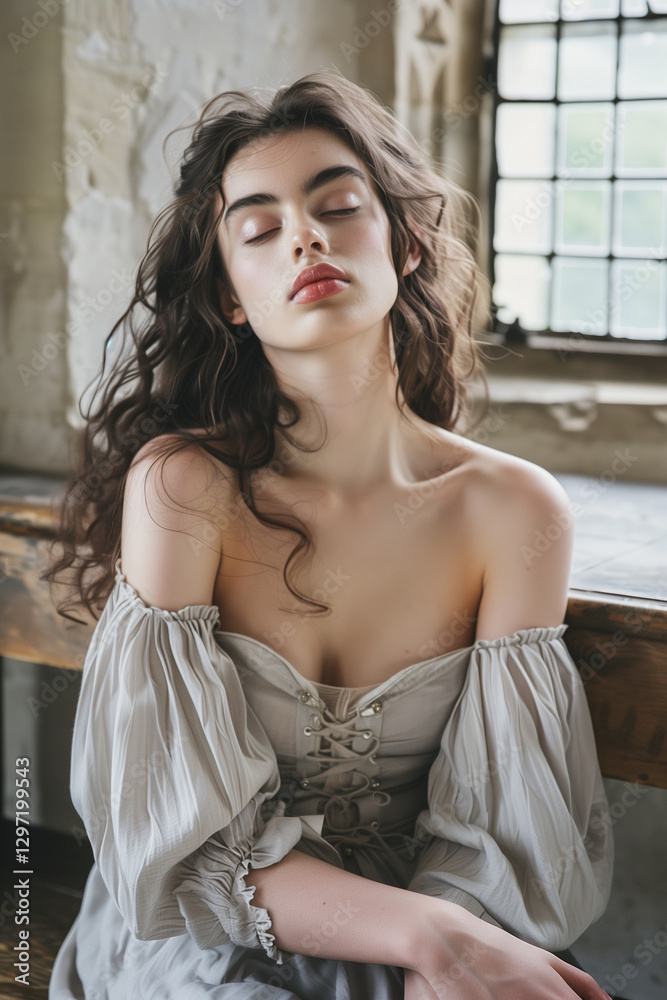 Fototapeta premium Elegant portrait of a woman dressed in a fusion of medieval and Victorian fashion. Intricate lace, corset, and classic details evoke historical elegance and timeless beauty. Perfect for period-themed 