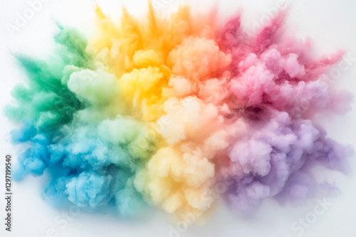 Rainbow colored smoke cloud exploding on white background