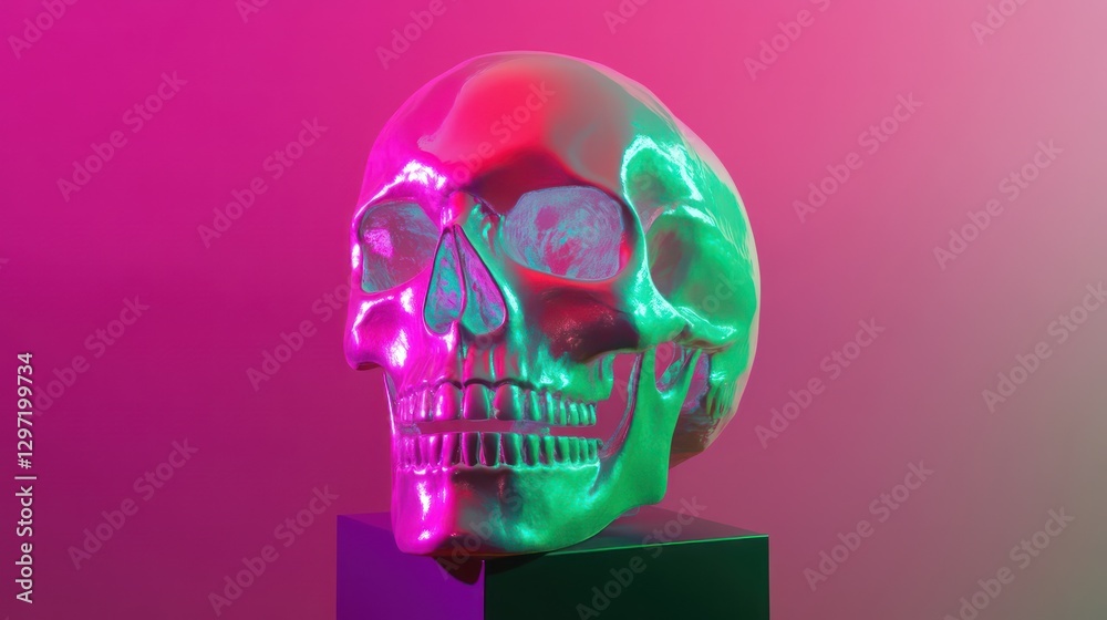 A shiny skull displaying green and red iridescent colors on display A shiny skull displaying green and red iridescent colors on display