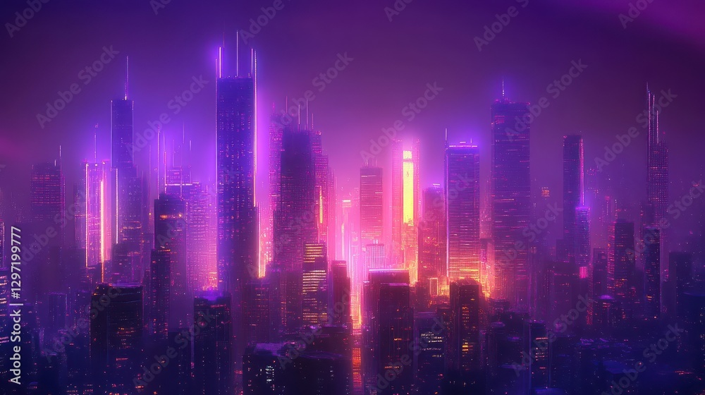 Fototapeta premium Illuminated Cityscape With Glowing Lights And Skyscrapers At Night