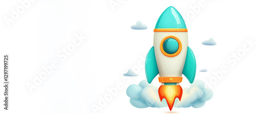 Cartoon rocket launching leaving smoke trail with clouds on white background