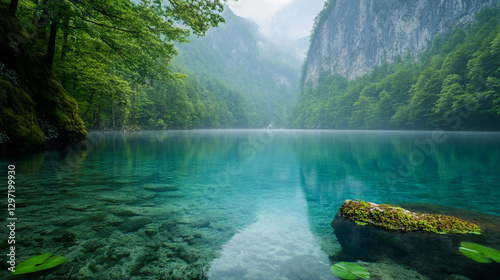 Obraz na płótnie Beautiful lake water surrounded by rolling hills creating a serene landscape with calm reflections and breath taking natural scenery.
w salonie
