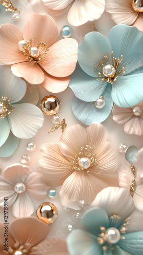 3D floral pattern with pink and blue flowers, pearls, and gold leaves. 
