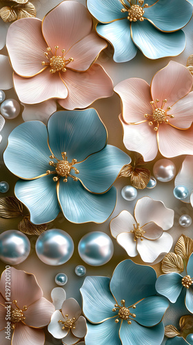 3D floral pattern with pink and blue flowers, pearls, and gold leaves. 
