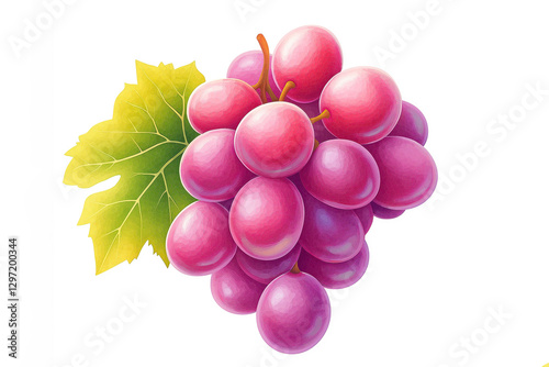 Bunch of fresh pink grapes hanging on the vine with green leaf