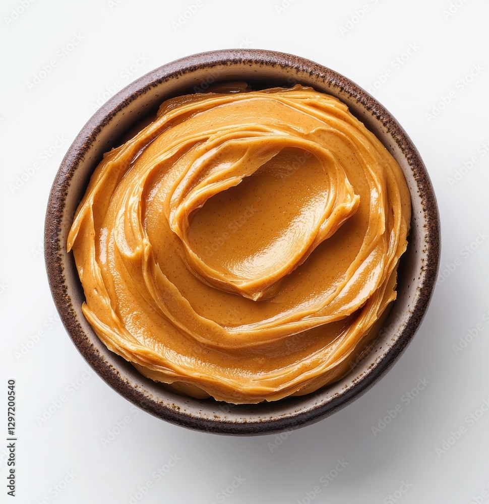 Fototapeta premium Smooth and creamy texture of organic peanut butter swirled in a rustic bowl, ideal for culinary and dietary themes