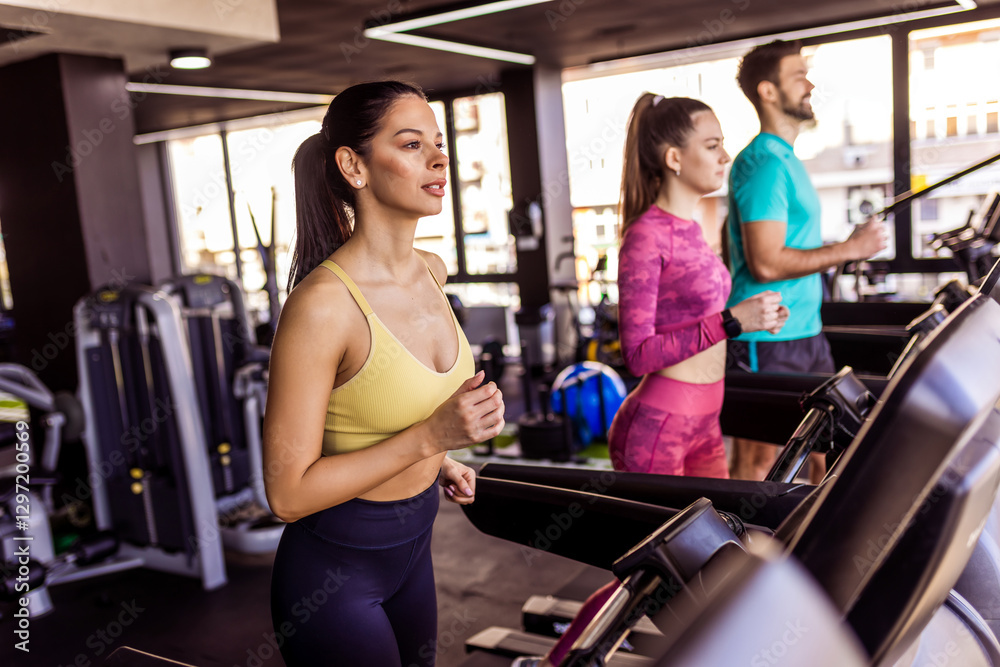 Fototapeta premium People run on a treadmill in the gym.