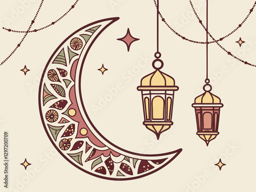 Elegant ramadan kareem decorative moon and lanterns greeting