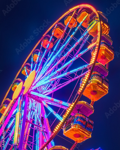 Colorful Ferris wheel with bright lights at night carnival
