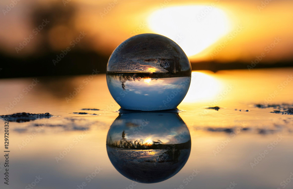 HYPER-REALIST CREATIVE PHOTOGRAPHY OF A MARBLE ON A Puddle of Water with the Reflection of the Sunset in the Water image HYPER-REALIST CREATIVE PHOTOGRAPHY OF A MARBLE ON A Puddle of Water with the Reflection of the Sunset in the Water image
