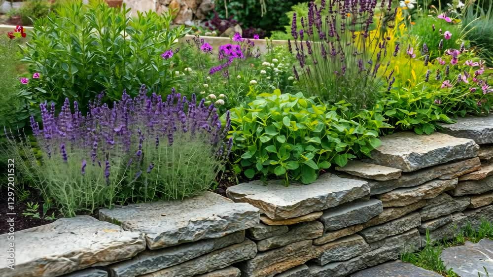 Vibrant garden blooms and stone wall create a serene outdoor atmosphere in springtime