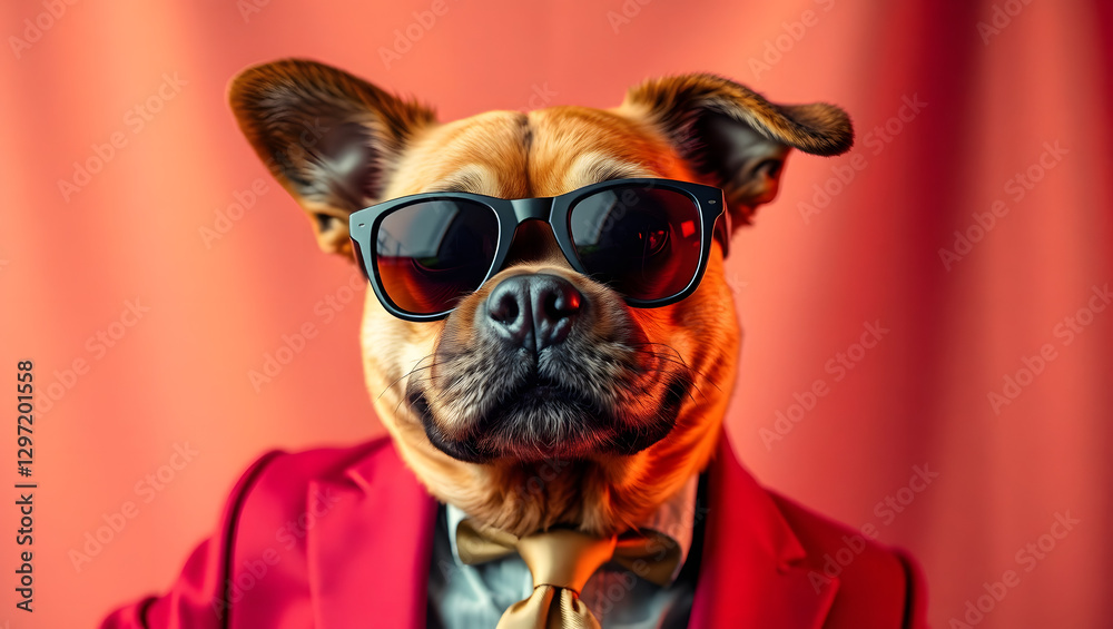 a stylish dog wearing sunglasses and a suit, posing confidently against a vibrant background a stylish dog wearing sunglasses and a suit, posing confidently against a vibrant background