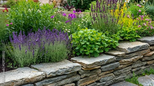 Vibrant garden blooms and stone wall create a serene outdoor atmosphere in springtime