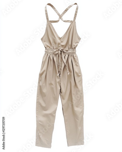 Effortless beige cotton jumpsuit with adjustable straps for a casual spring look against a white background photo