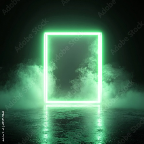 Wallpaper Mural Glowing green neon rectangle frame on dark background with misty smoke. Futuristic portal concept for sci-fi designs. Mysterious light reflection on water surface Torontodigital.ca