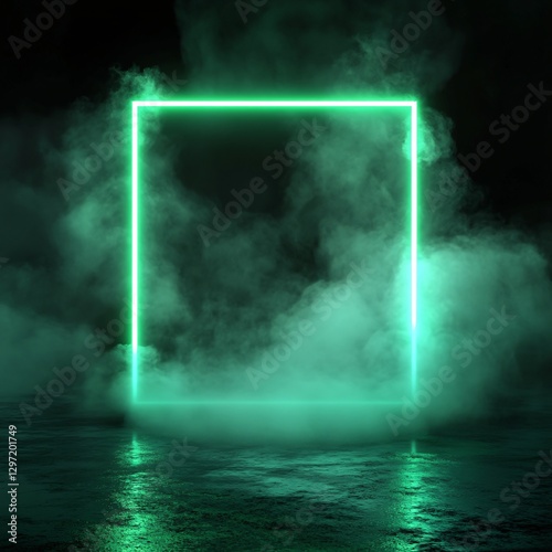 Glowing green neon square frame in misty darkness. Futuristic portal or gateway concept. Mysterious sci-fi atmosphere with smoky background and reflective surface. Copy space