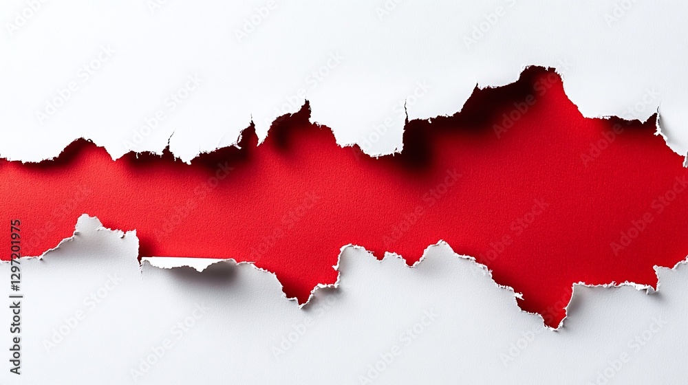 Obraz premium A paper background featuring torn holes, with red torn paper set against a white backdrop, ideal for announcements and promotions.