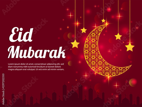 Eid Mubarak greeting card with a golden crescent moon and hanging stars on a festive red background  Perfect for Eid al-Fitr and Eid al-Adha promotions, social media posts, and festive banners.