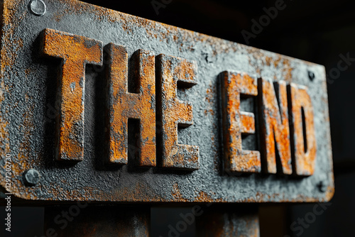 Rusty sign showing the end on dark background photo