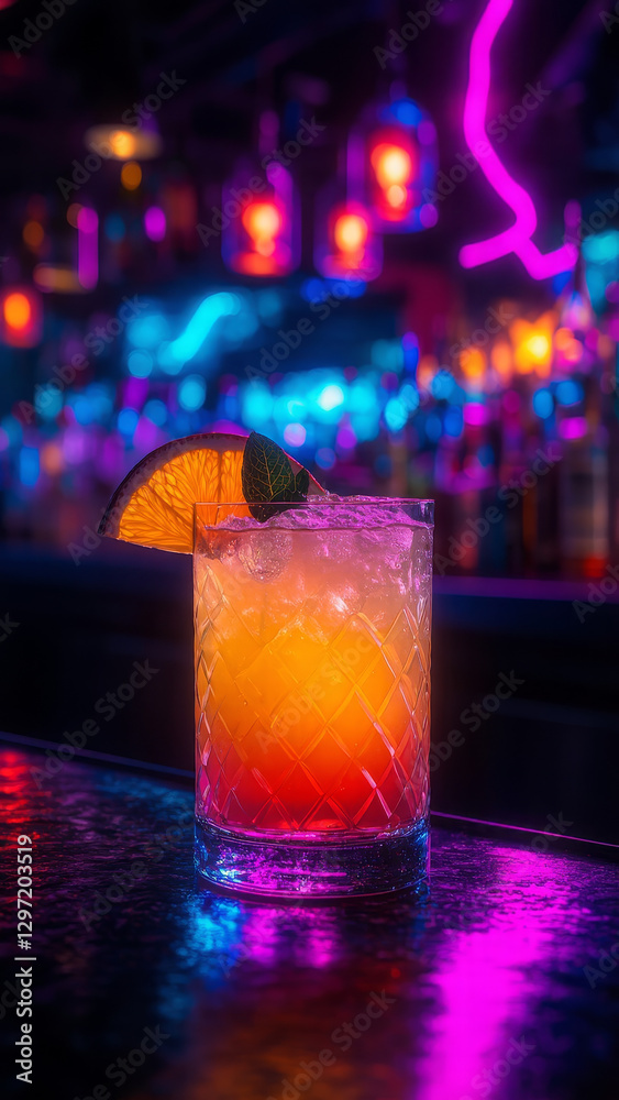 most delicious cocktail with fruit on a table in a futuristic bar, dimly neon lit, light particles, summer or spring drink, mocktail, refreshing drink most delicious cocktail with fruit on a table in a futuristic bar, dimly neon lit, light particles, summer or spring drink, mocktail, refreshing drink