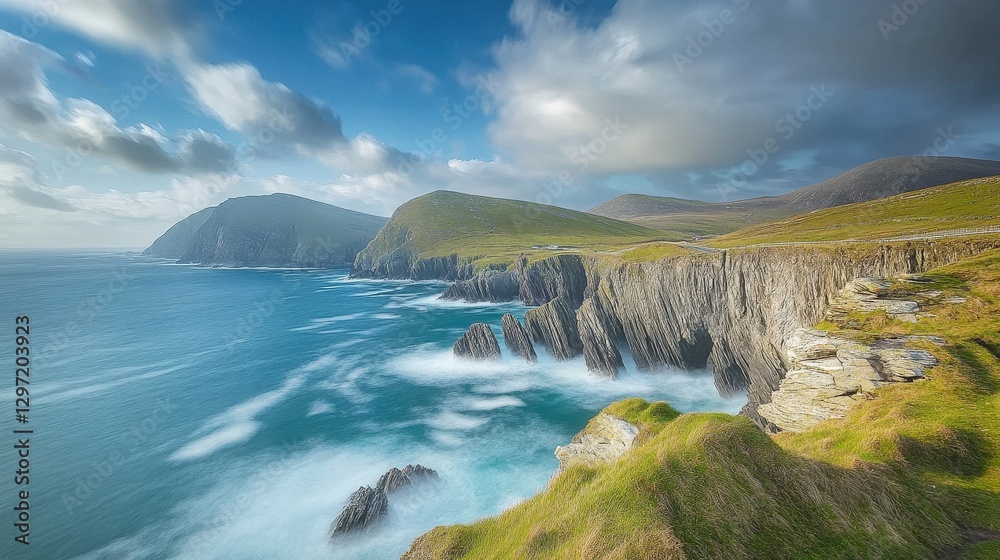 Fototapeta premium Scenic Coastal Highway Winding Along Cliffs Above Turquoise Sea