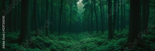 Dark green forest with trees and plants. Path leading deeper in woods during day. Foggy mysterious landscape in nature.  ultrawide banner size