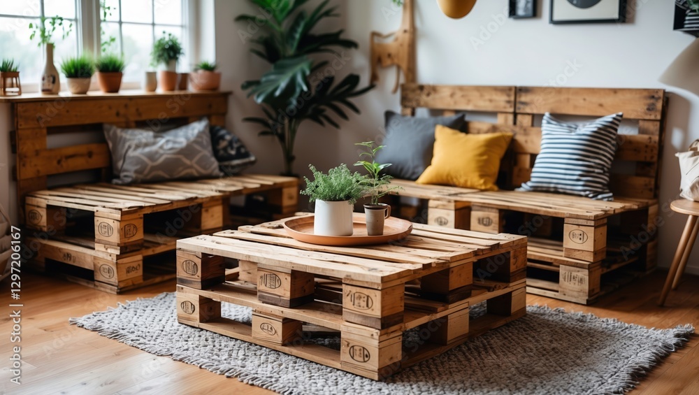 Fototapeta premium Living room with pallet furniture. Pallet sofa and pallet table. Pillows and plants for decoration. Gray rug. Light enters through window.