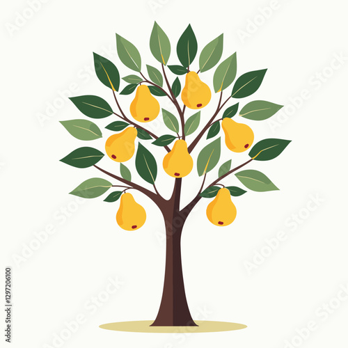 Stylized pear tree illustration with vibrant yellow fruits and lush green leaves, symbolizing abundance and growth in a minimalist design.