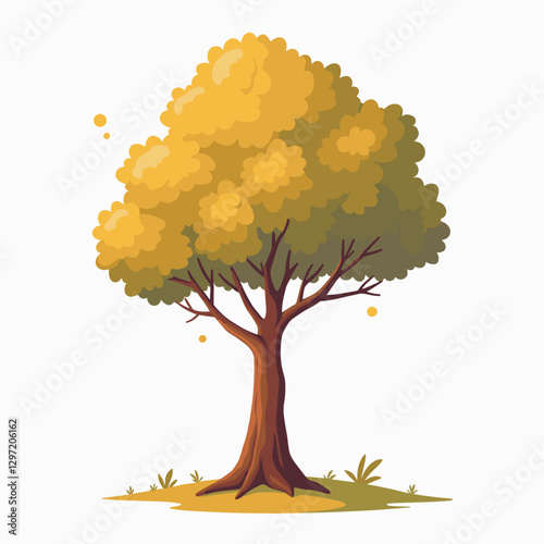 Charming cartoon tree with lush yellow foliage stands alone, its branches reaching skyward against a pristine white background.