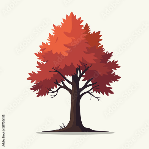 Vibrant autumn tree with fiery red foliage stands alone in stylized vector illustration, showcasing the beauty of fall season.