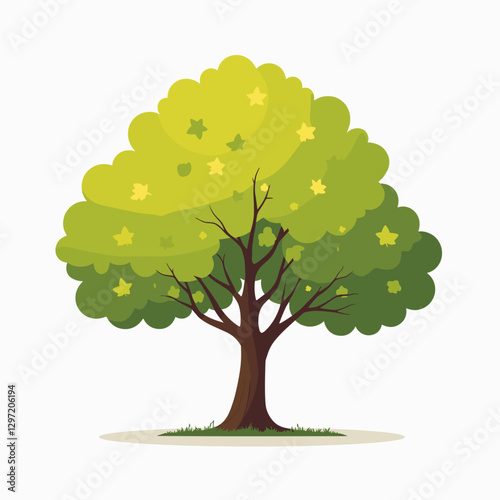 Vibrant green tree with star-shaped leaves in flat vector style, showcasing a lush canopy and sturdy trunk on a simple background.