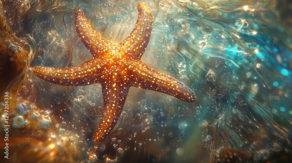 A shimmering golden starfish resting in an underwater environment A shimmering golden starfish resting in an underwater environment