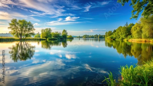 Beautiful serene lake landscape view across the water, serene lake view photo