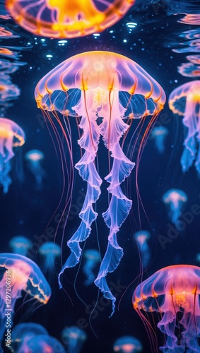 Glowing jellyfish float in dark water. Many orange and blue jellyfish are visible, their tentacles hanging down in deep blue ocean